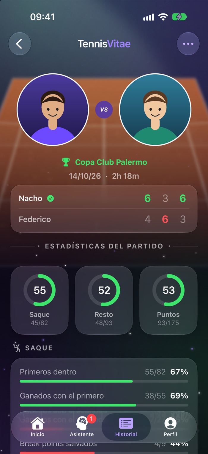 Detalle de un partido de Tennis Vitae con el marcador por sets y las estadísticas